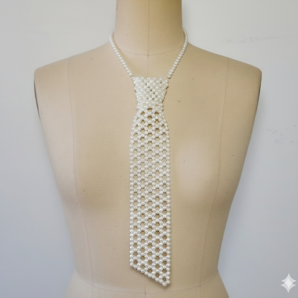 🛑SOLD🛑 Vintage 14-17" Pearl Tie Necktie Necklace Hong Kong Faux Handmade - Picture 2 of 12